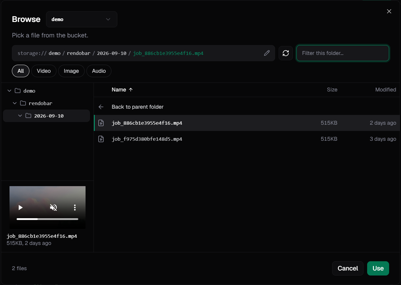 The Browse dialog with a video file selected in the demo connection, its storage:// path shown above the listing and a preview under the folder tree