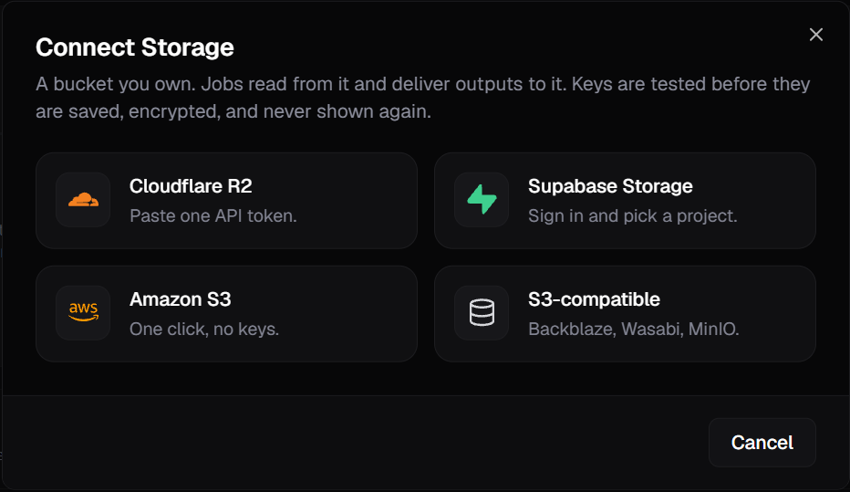 The Connect Storage dialog with four providers: Cloudflare R2, Supabase Storage, Amazon S3 and S3-compatible