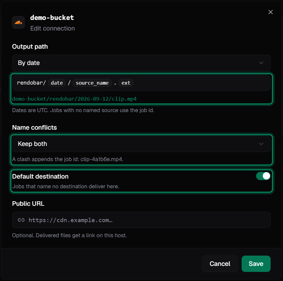 Delivery settings showing the output path template with a live example, name conflict handling, and the default destination toggle