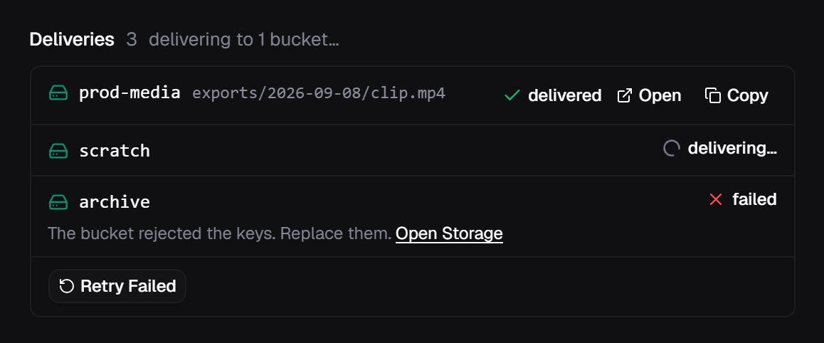 The Deliveries section of a job listing prod-media as delivered, scratch as delivering, and archive as failed with the reason and a Retry Failed button