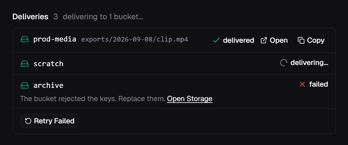 The Deliveries section of a job listing prod-media as delivered, scratch as delivering, and archive as failed with the reason and a Retry Failed button