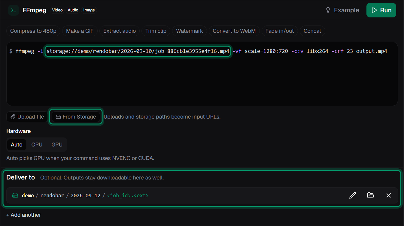 The Playground ffmpeg job with a storage:// input in the command, the From Storage button, and a Deliver to destination in the demo connection