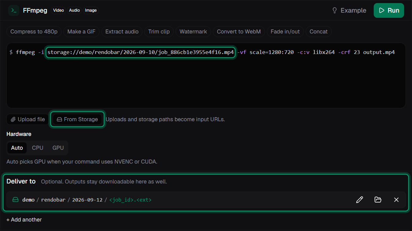 The Playground ffmpeg job with a storage:// input in the command, the From Storage button, and a Deliver to destination in the demo connection