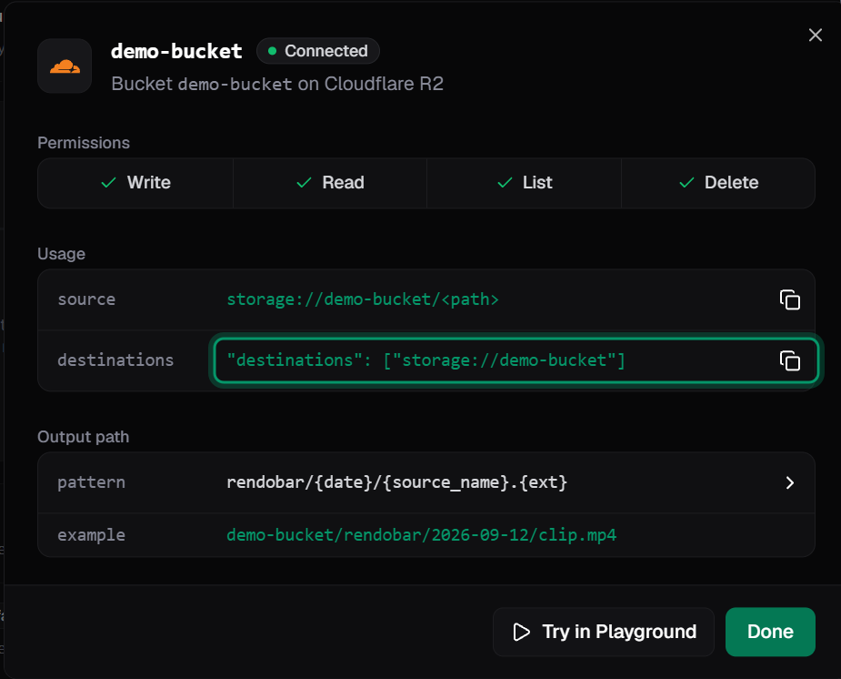 The finish screen showing write, read, list and delete all passing, with copyable source and destinations snippets