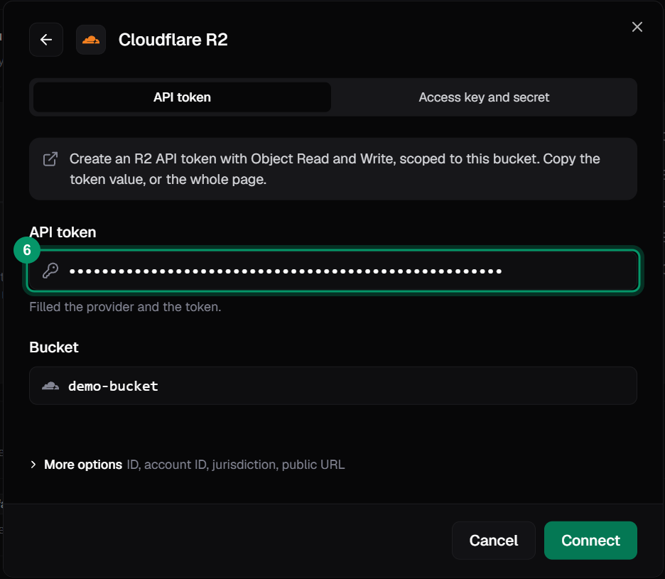 The Cloudflare R2 connect dialog with the API token masked and the bucket name filled in