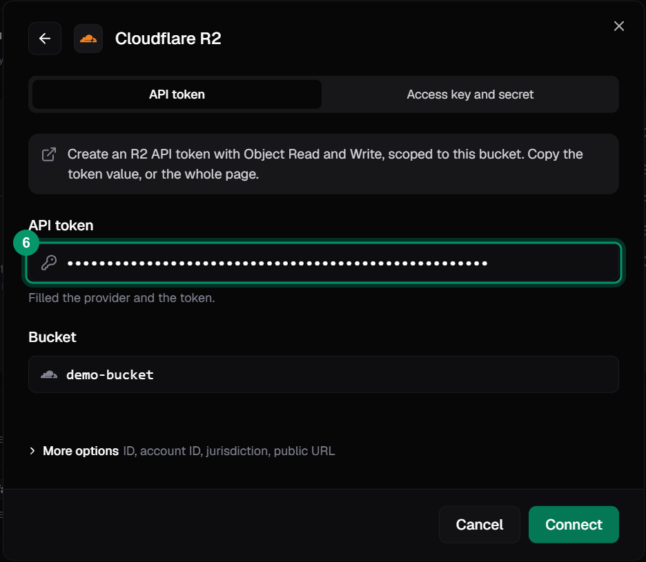 The Cloudflare R2 connect dialog with the API token masked and the bucket name filled in