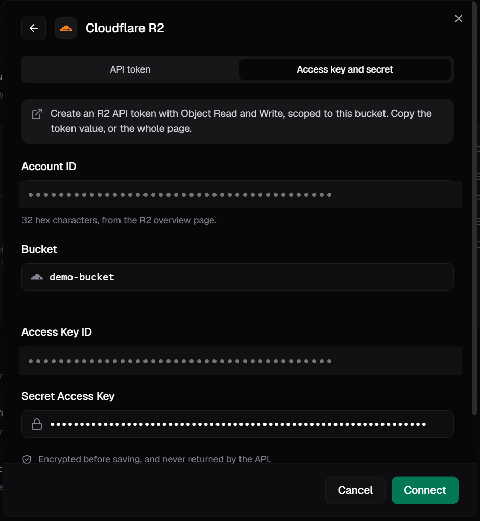 The Cloudflare R2 connect dialog on the access key and secret tab, with the account ID, access key ID and secret masked