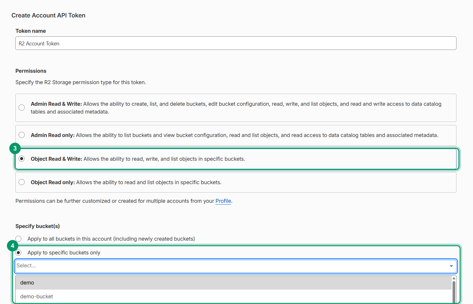 Cloudflare's Create Account API Token page with Object Read and Write selected and a single bucket chosen
