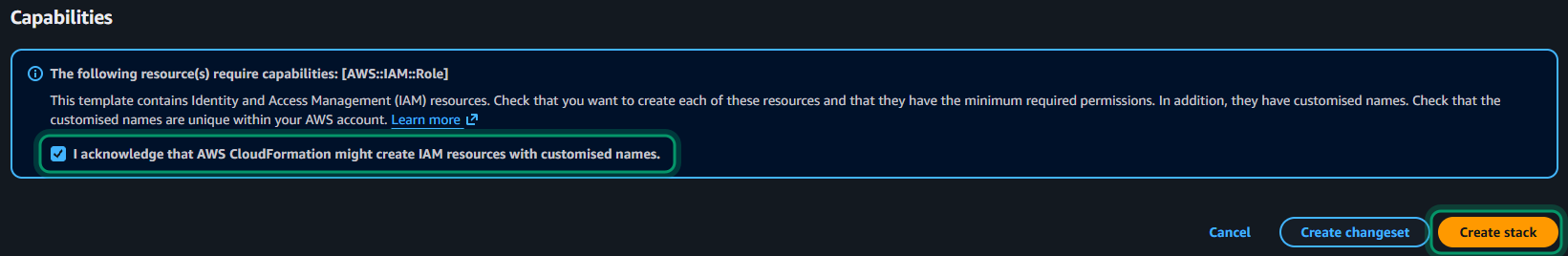 The Capabilities section of the quick create page with the IAM acknowledgement checked, and the Create stack button