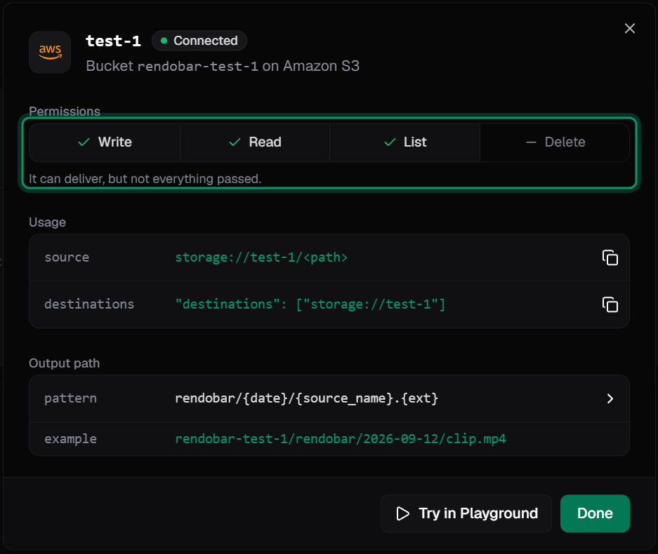 The finish screen for an S3 bucket with write, read and list passed, delete not granted, and copyable source and destinations snippets