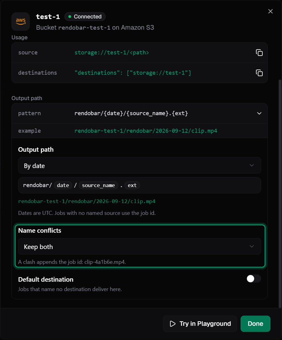 Delivery settings for an S3 bucket with the By date output path and Name conflicts set to Keep both