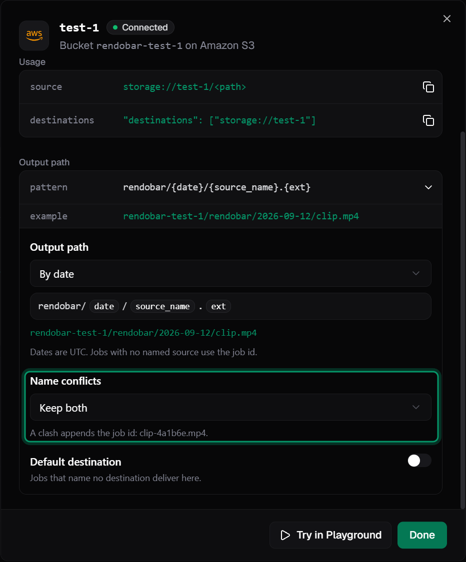 Delivery settings for an S3 bucket with the By date output path and Name conflicts set to Keep both