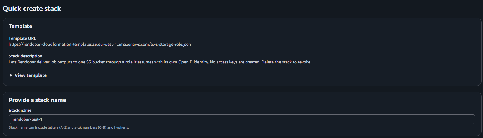 AWS CloudFormation's Quick create stack page showing Rendobar's template URL, the stack description, and the stack name rendobar-test-1