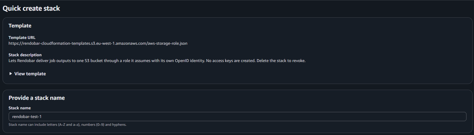 AWS CloudFormation's Quick create stack page showing Rendobar's template URL, the stack description, and the stack name rendobar-test-1