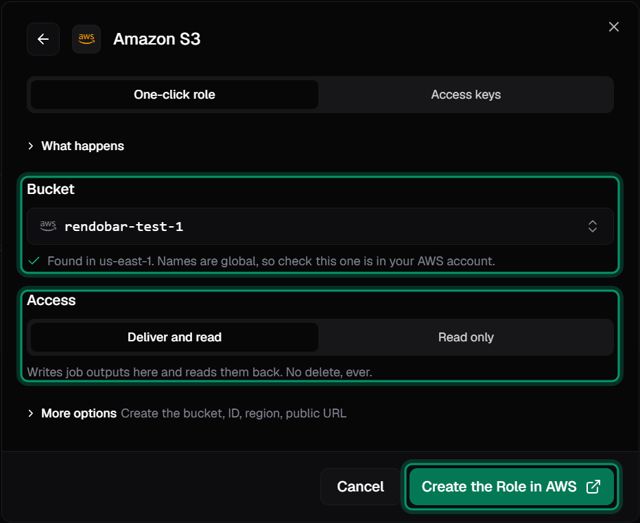 The Amazon S3 connect dialog on the One-click role tab, with a bucket found in us-east-1, Deliver and read access selected, and the Create the Role in AWS button