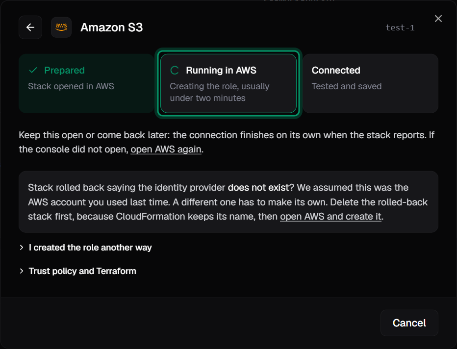 The Amazon S3 dialog with Prepared done, Running in AWS in progress, and Connected still to come