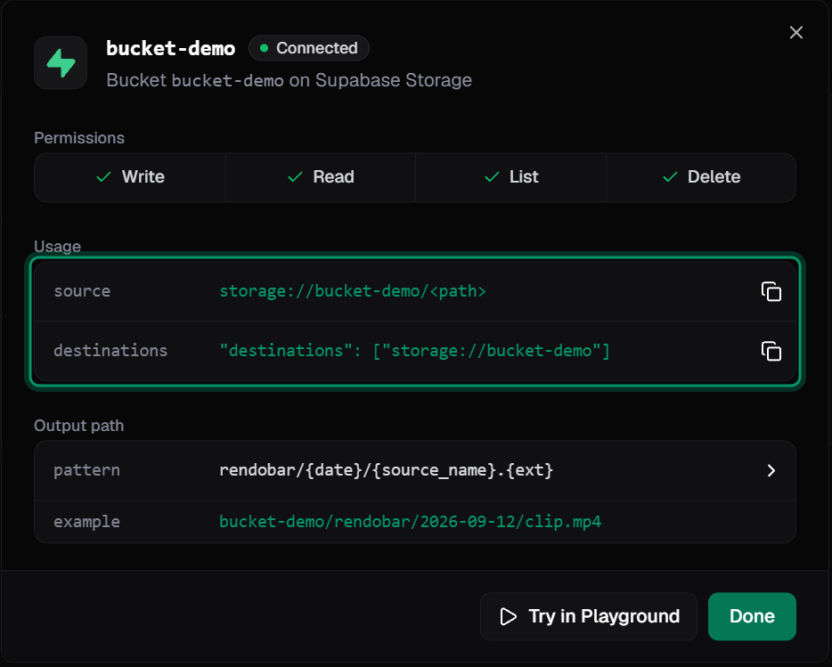 The finish screen for a Supabase bucket showing write, read, list and delete all passing, with copyable source and destinations snippets