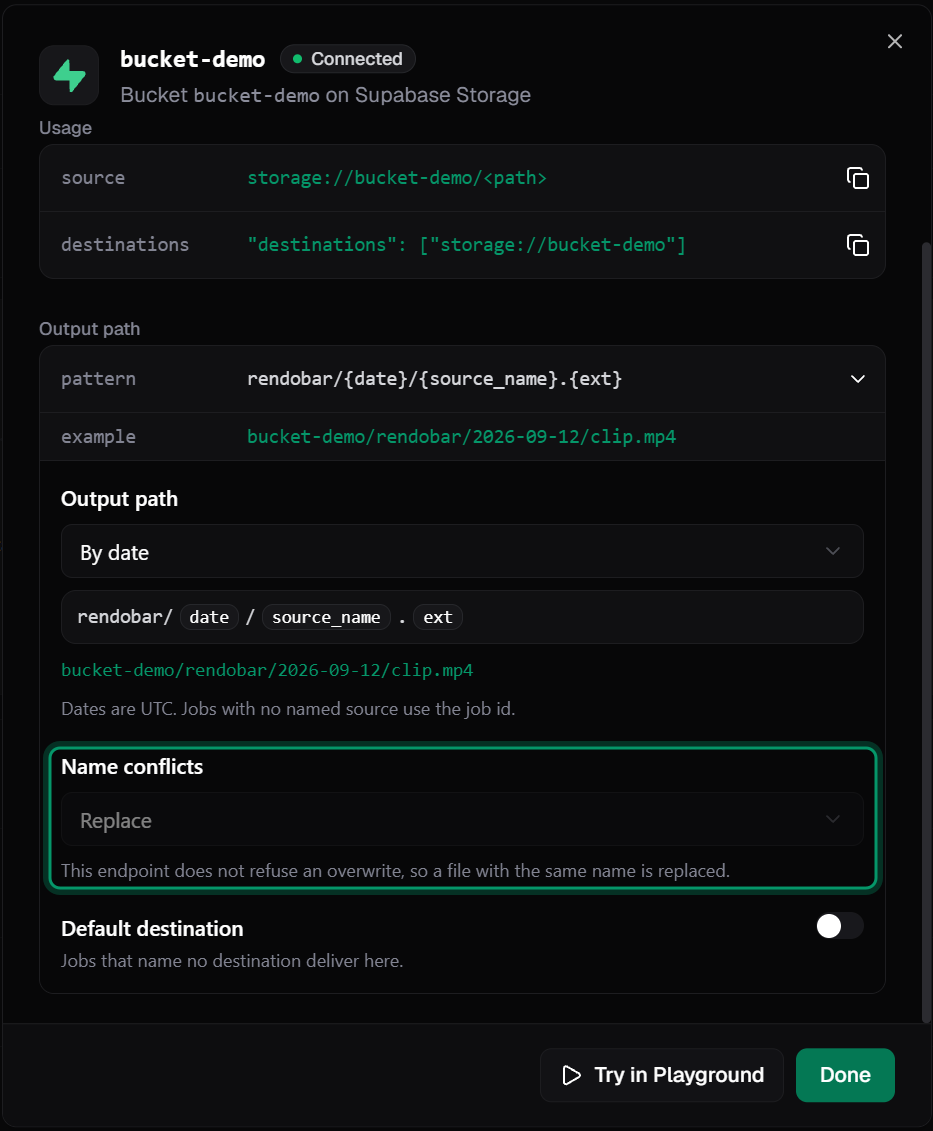 Delivery settings for a Supabase bucket with the By date output path and Name conflicts set to Replace, unavailable to change