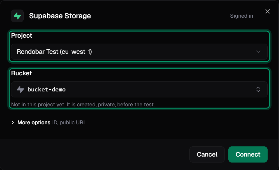 The Supabase Storage dialog after signing in, with a project selected and a new bucket name that will be created as private