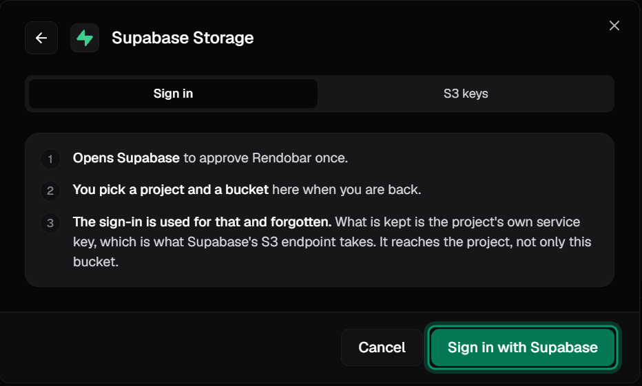 The Supabase Storage connect dialog on the Sign in tab, listing what the sign-in does, with the Sign in with Supabase button