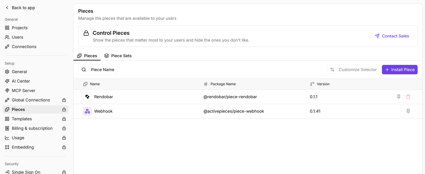 The Activepieces platform admin Pieces page. An Install Piece button sits at the top right. The list shows Rendobar with the package name @rendobar/piece-rendobar at version 0.1.1, and the Webhook piece below it.