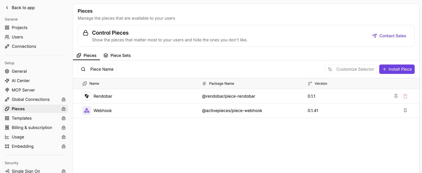 The Activepieces platform admin Pieces page. An Install Piece button sits at the top right. The list shows Rendobar with the package name @rendobar/piece-rendobar at version 0.1.1, and the Webhook piece below it.