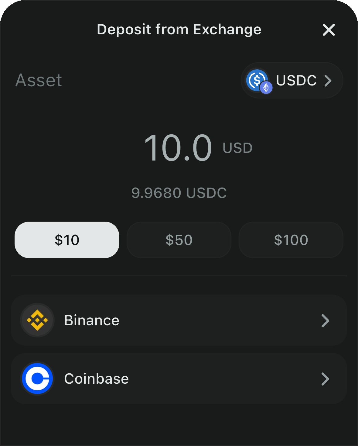 Funding your wallet with Deposit with Exchange