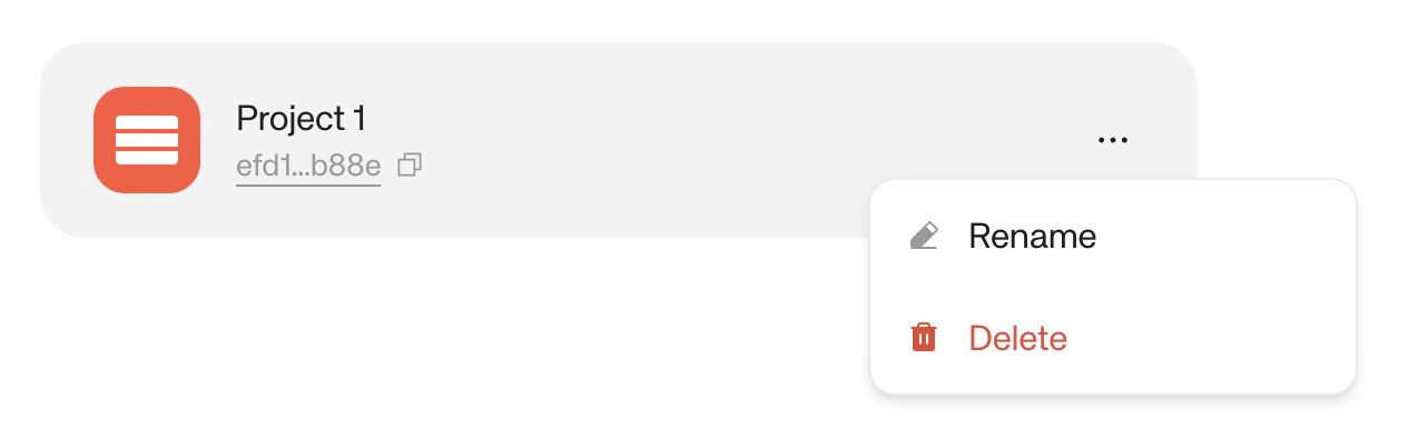 Project options menu showing Rename and Delete actions
