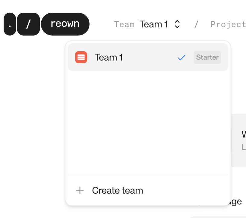 Team dropdown in the Reown Dashboard
