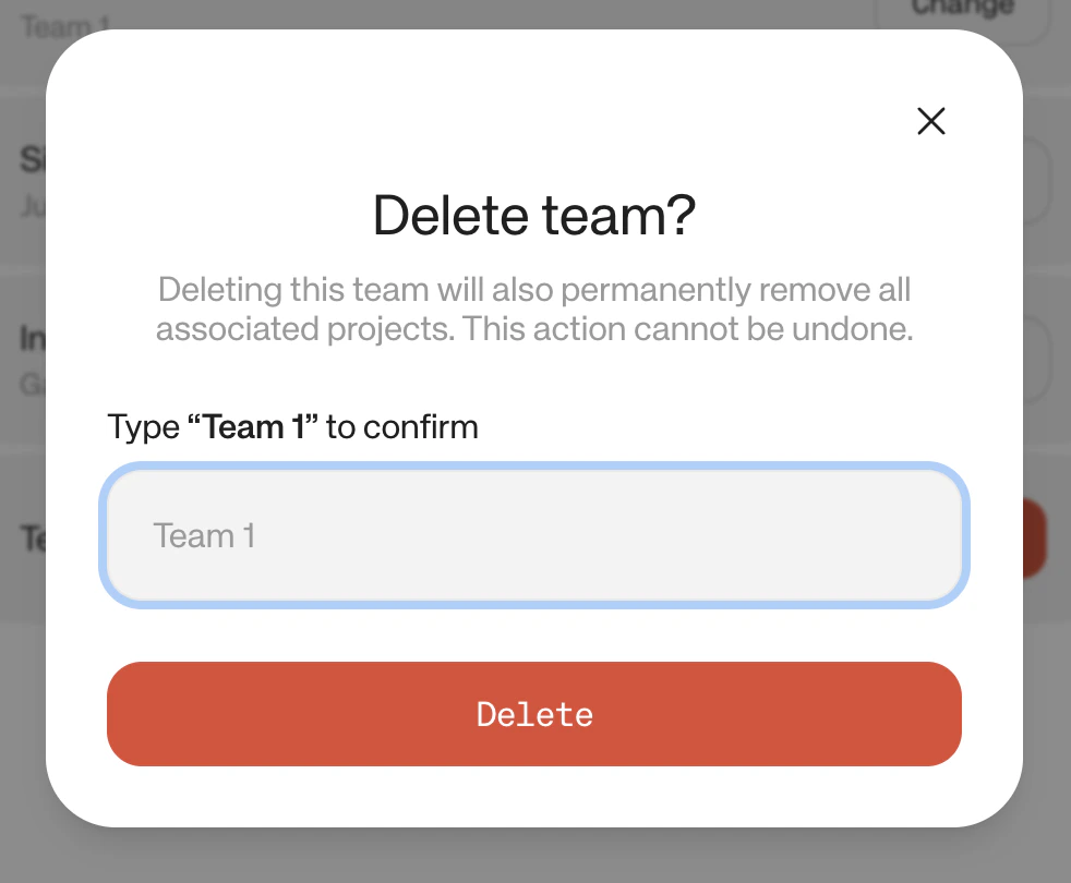 Confirmation dialog to delete a team