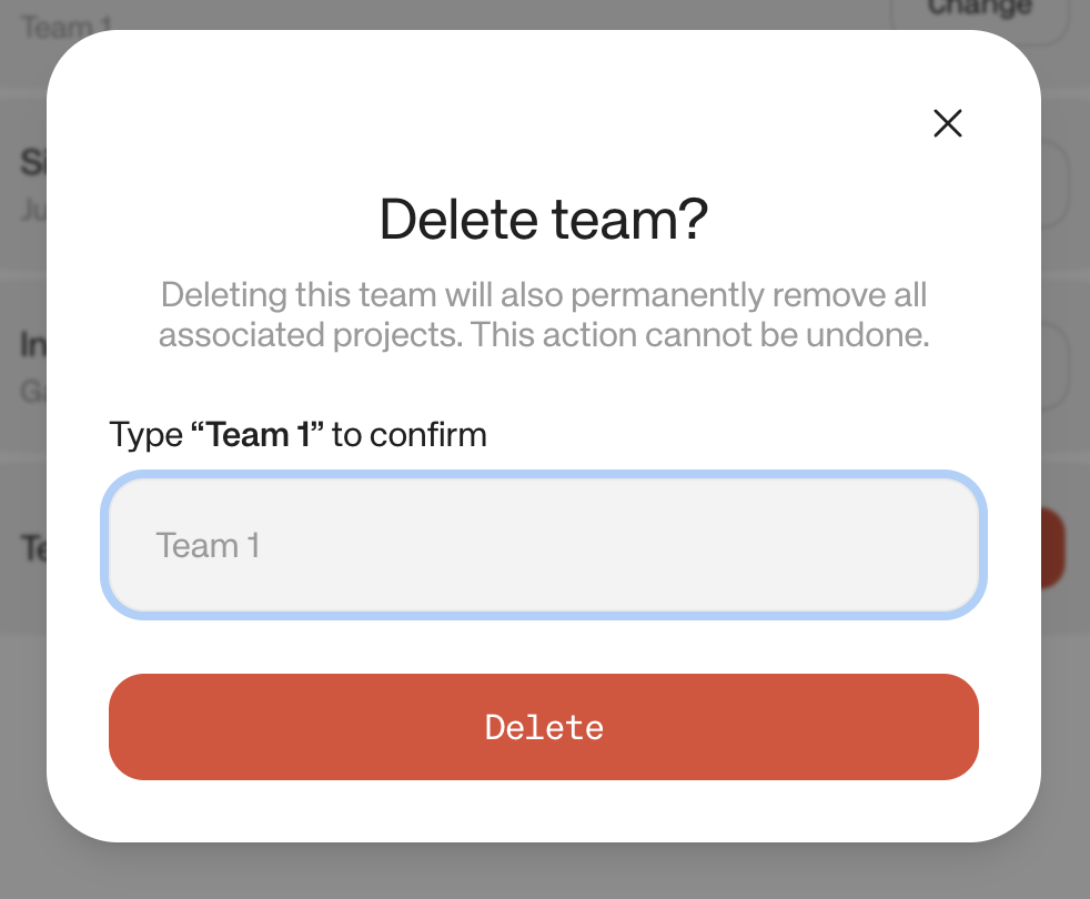 Confirmation dialog to delete a team