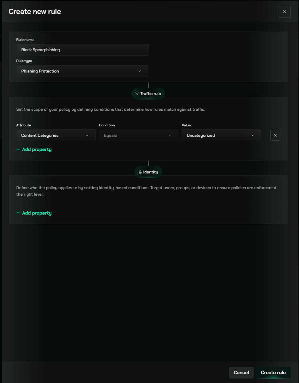 Protection rules builder interface showing spearphishing rule