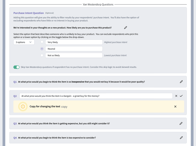 A preview of the Van Westendorp experiment within the SightX market research platform.