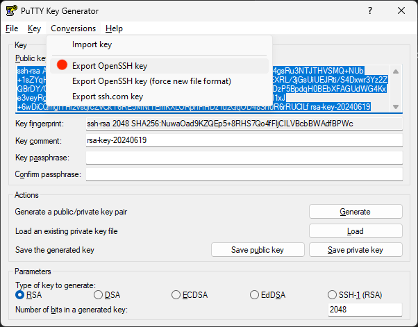 Export private key