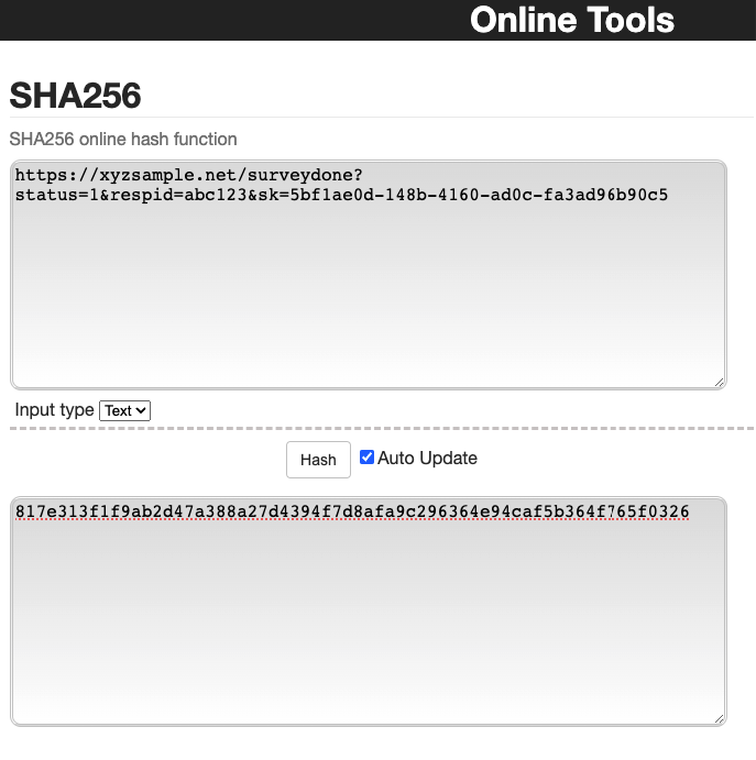 SHA-256 online tool showing the input URL and resulting hashed key