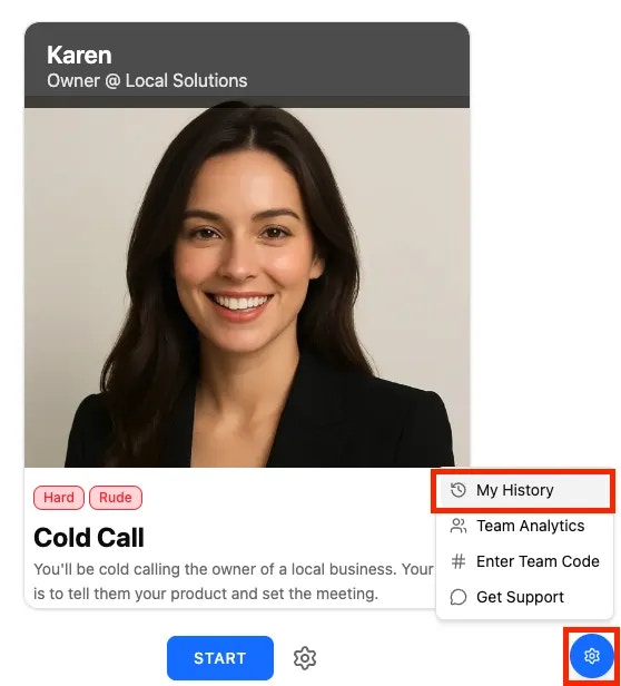 Settings menu in LMS view showing My History option