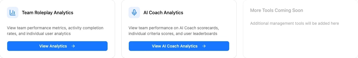 Manager Tools dashboard showing Team Roleplay Analytics and AI Coach Analytics cards
