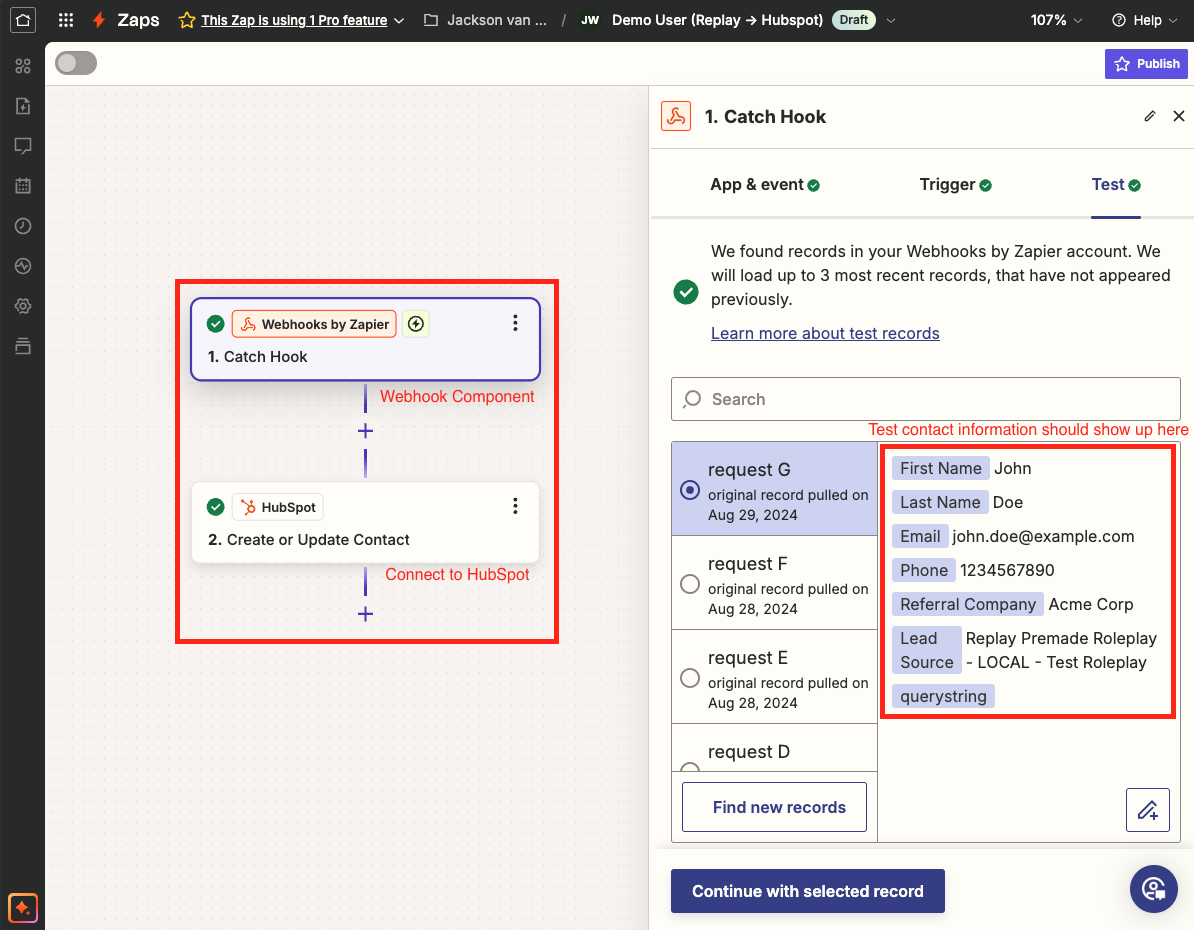 Example of HubSpot Zap configuration
