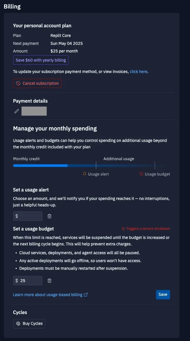 billing settings screen