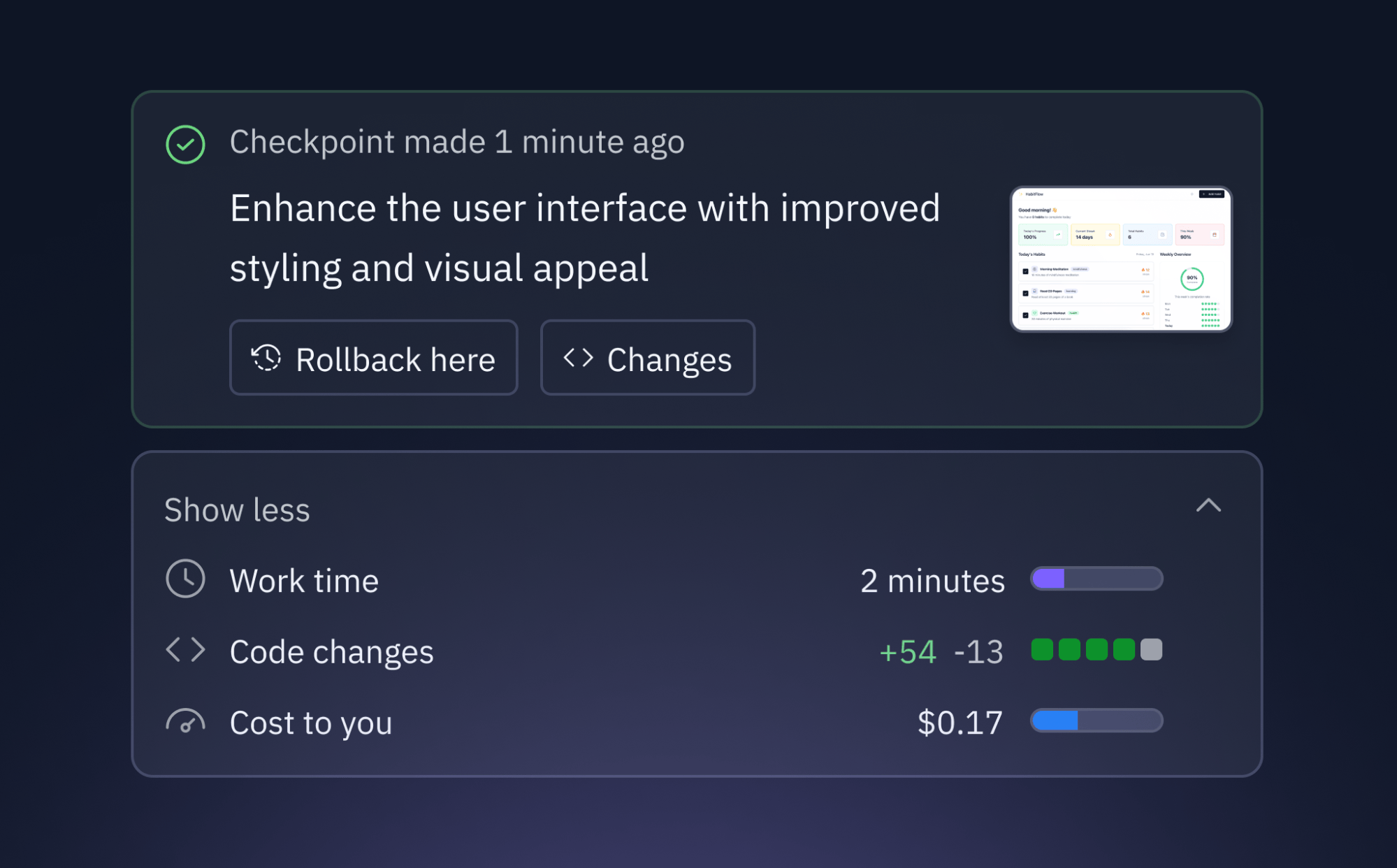 Replit Agent interface showing chat and checkpoint system