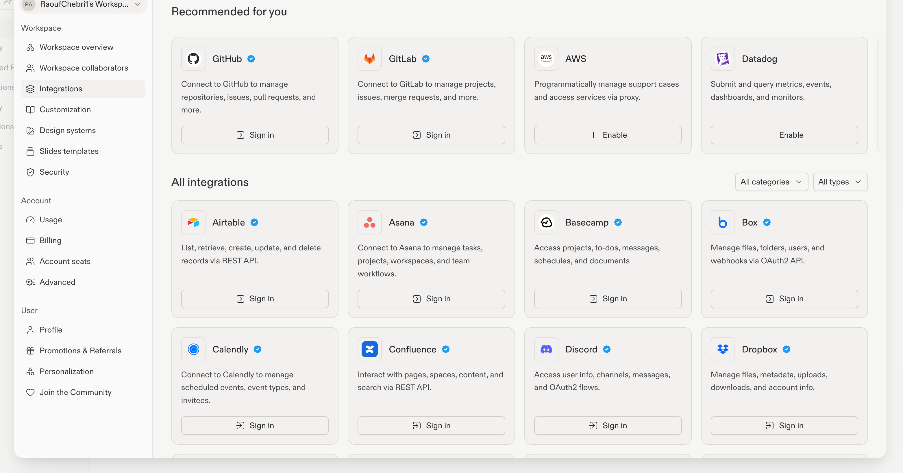 The Integrations settings page listing connectors such as GitHub, GitLab, AWS, and Calendly