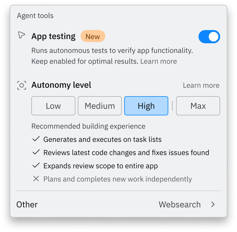 Autonomy Level settings in Agent Tools showing four levels: Low, Med, High, and Max Autonomy