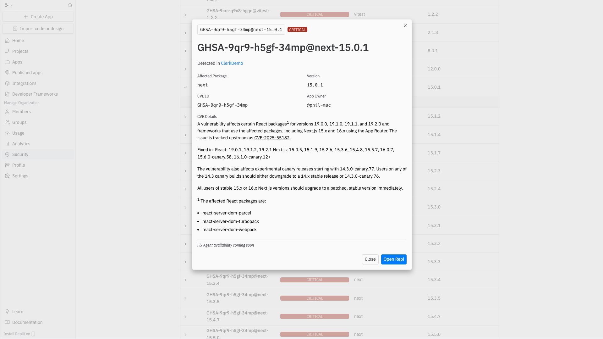Security Center CVE detail view showing affected packages and versions