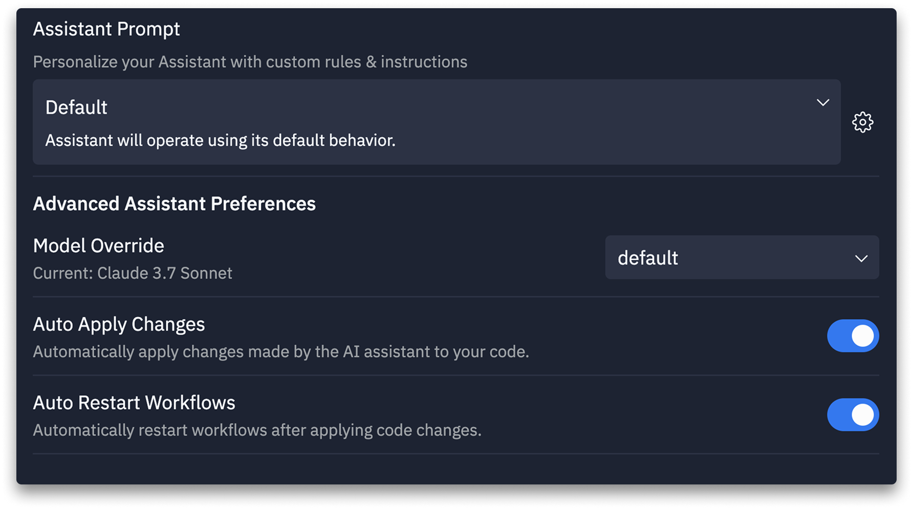 Assistant settings dialog