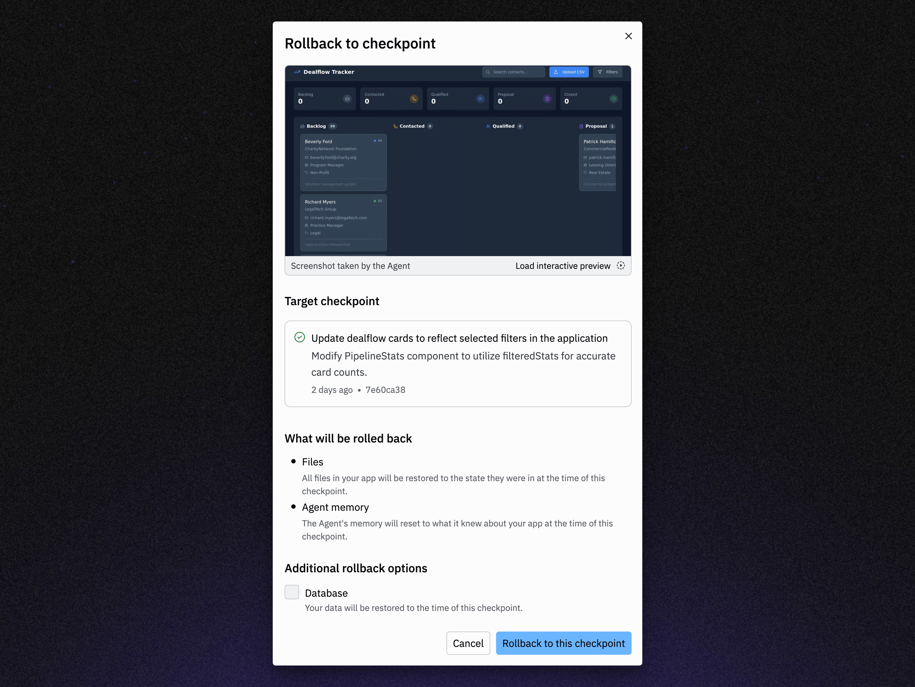 Checkpoint rollback interface showing rollback options