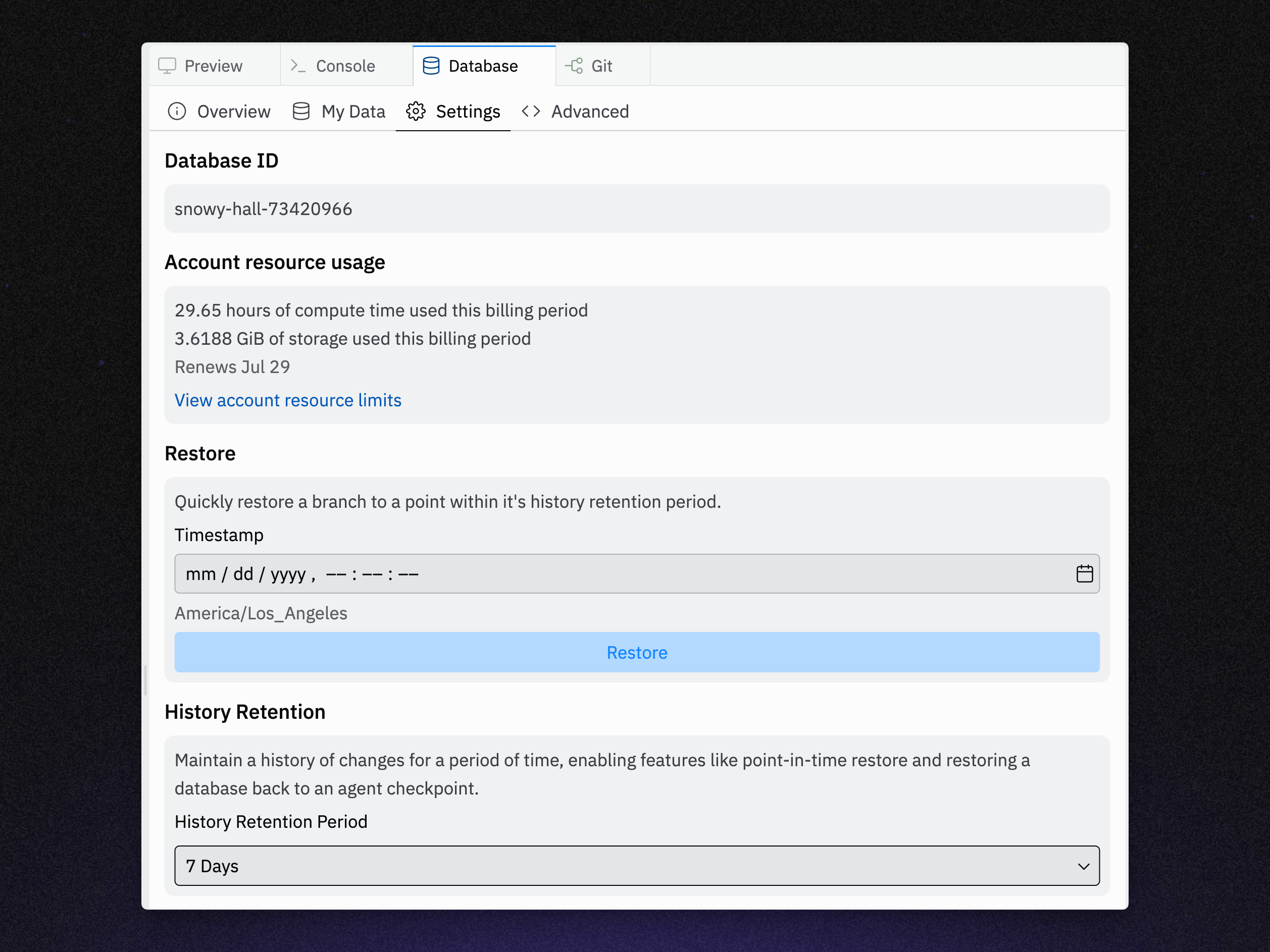 Database rollbacks interface showing rollback options