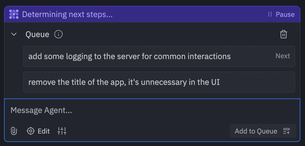 Message Queue interface showing queued messages in the chat UI