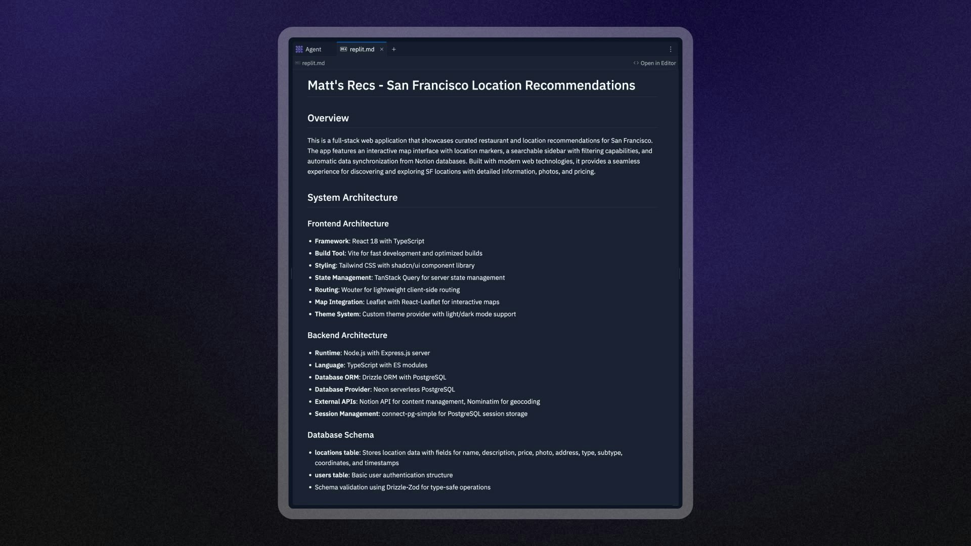 replit.md file showing project customization options