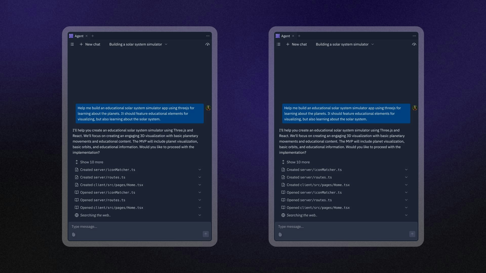 Agent interface showing Web Search results and source citations for app development