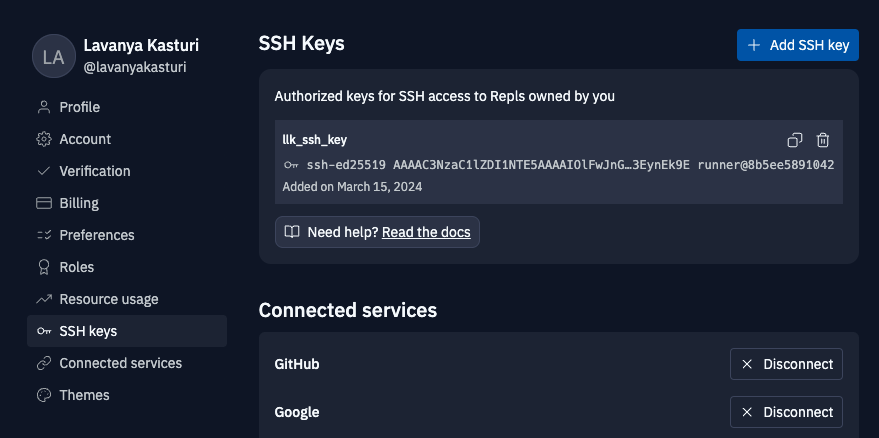 SSH keys management interface in account settings